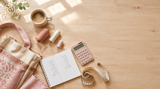 Escritorio de trabajo con una libreta de cuentas, una calculadora y un bolso de tela a medio hacer