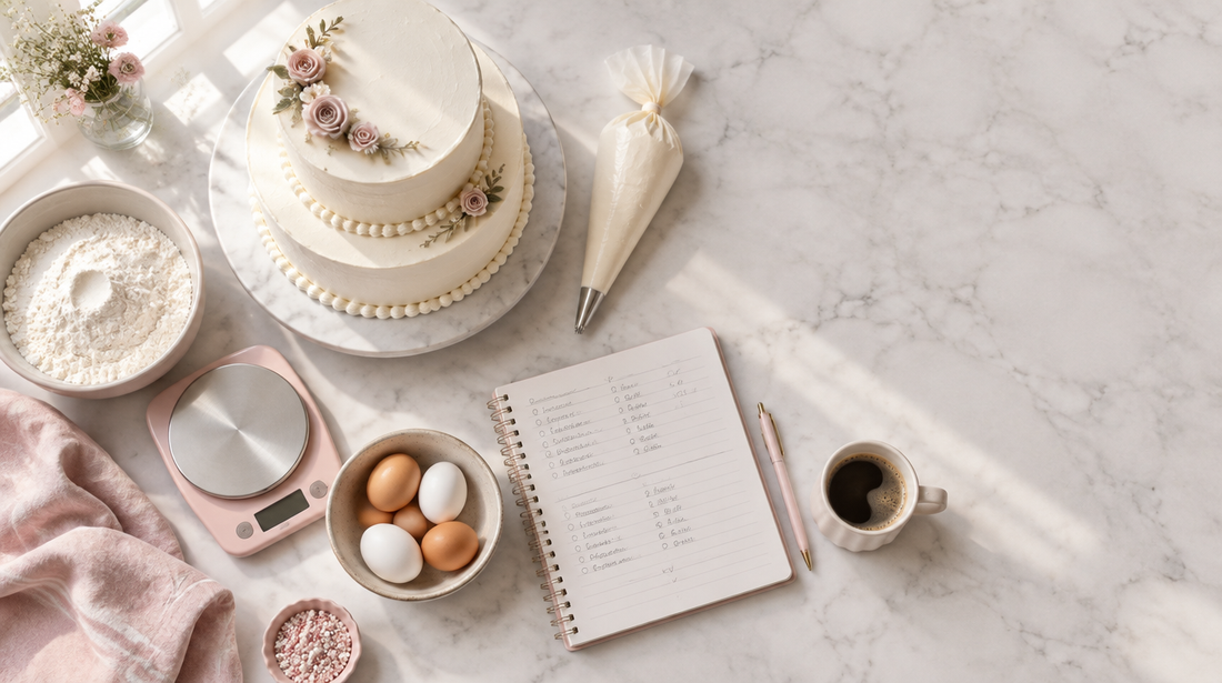 Mesa de trabajo de repostería con una torta, una libreta de cuentas y una balanza de cocina