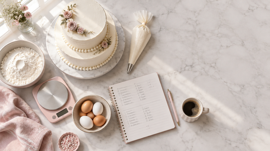 Mesa de trabajo de repostería con una torta, una libreta de cuentas y una balanza de cocina