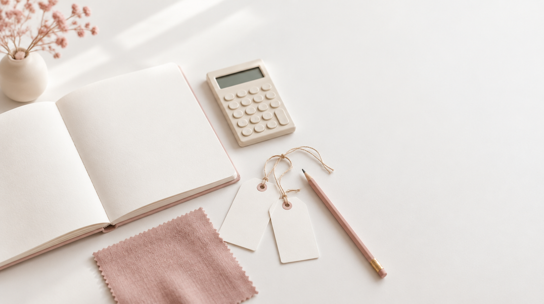 Mesa blanca con una calculadora de color crema, una libreta abierta y dos etiquetas de precio en blanco