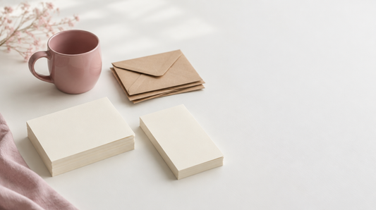Mesa blanca con dos montones separados de papeles en color crema, una taza rosa y varios sobres de papel kraft